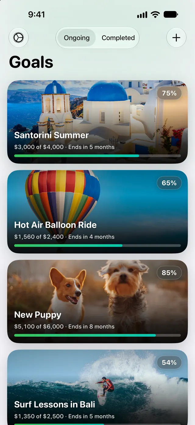 Goaley goals list showing Santorini Summer at $3,000 of $4,000, with progress bars for each goal